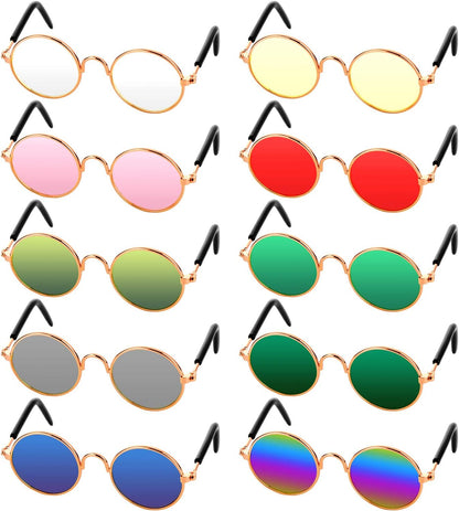10 Pieces Cat Dog Sunglasses Funny Pet Glasses round Metal Small Classic Retro Sunglasses Pet Hippie Cute Dog Cat Cosplay Party Costume Photo Props Cosplay Glasses(Mixed Color)
