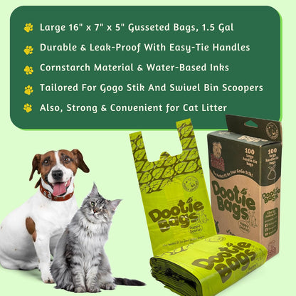 Pooch Approved Dootie Bags - Dog Poop Bag - Tie-Handles - 100 Count Dootie Strong Leakproof Bags - Perfect for Dogs & Cats - Litter - Pet Waste Cleanup - Swivel Bin &  Scoopers