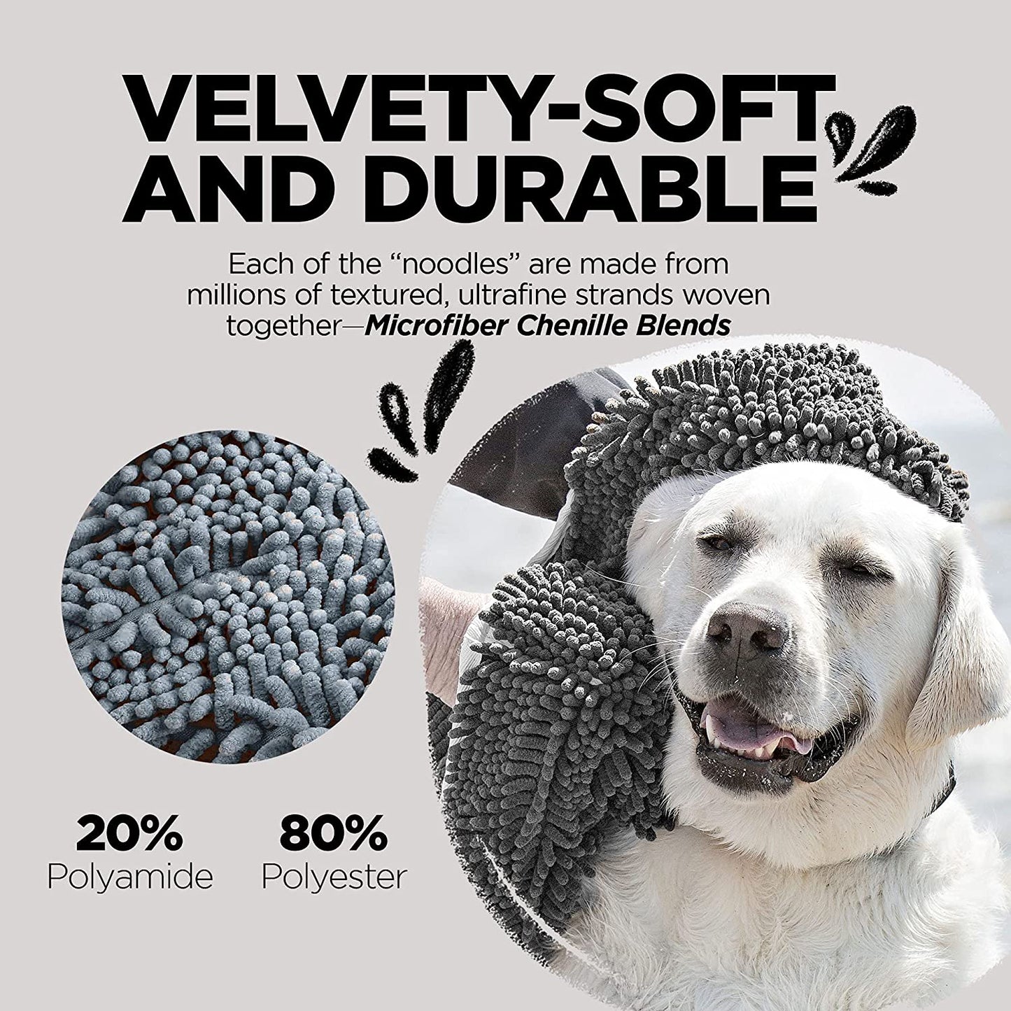 Soggy Doggy Super Shammy Dog Towel | Gray | 31” X 14” | Microfiber Chenille Towel for Drying Dogs and Cleaning Paws | Fast Drying with Hand Pockets for Ease