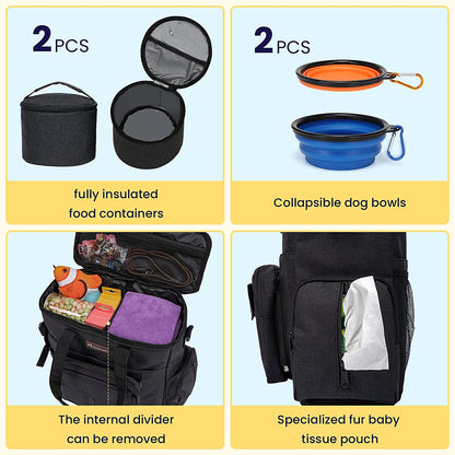 Dog Travel Bag with 2 Collapsible Dog Bowls, 1 Dog Backpack, Airline Approved Pet Travel Bagorganizer for Supplies & Accessories, 2 Travel Dog Food Container, Black