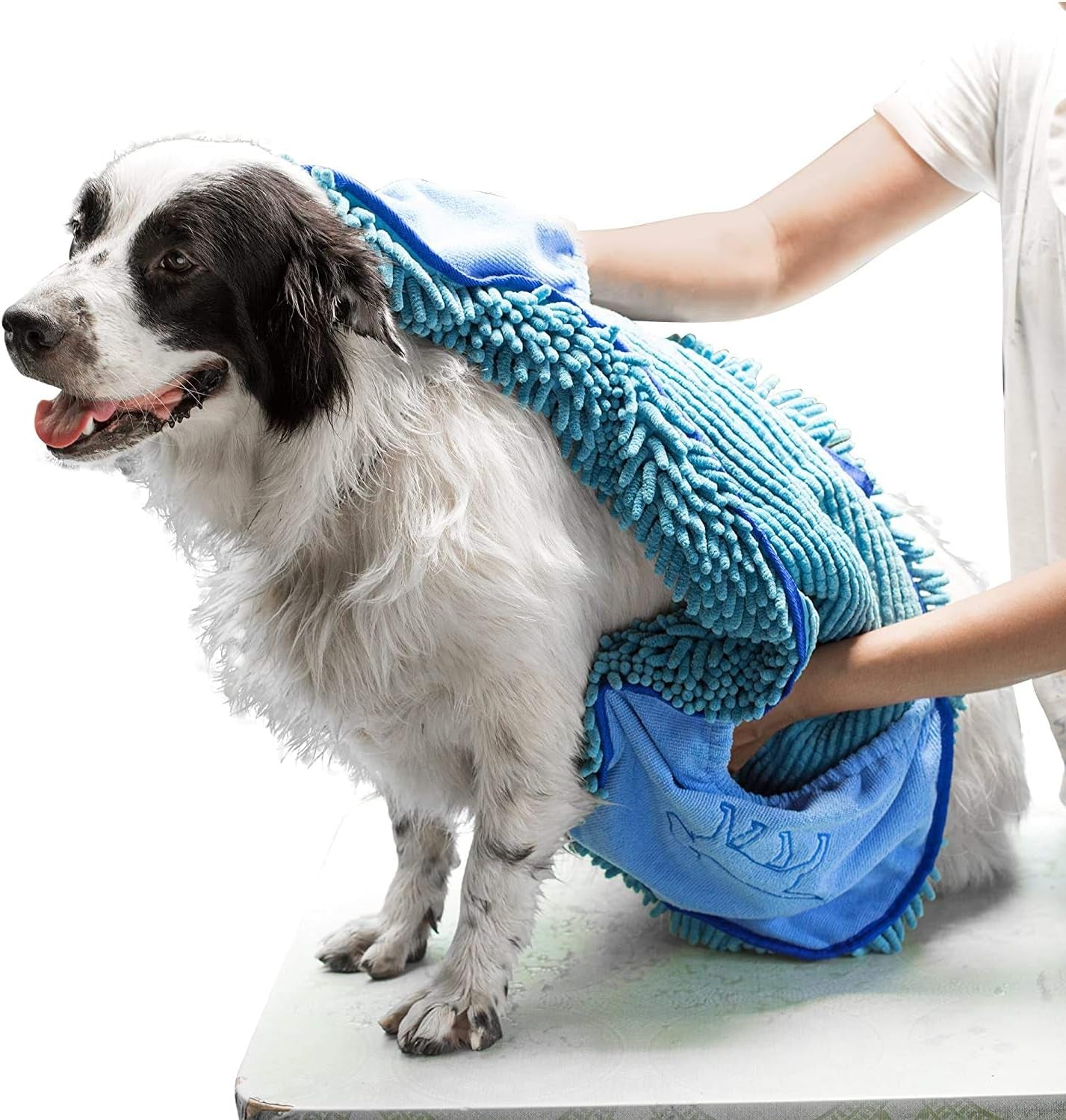 Quick Dry Towel for Dogs | Ultra Absorbent Microfiber Shammy | Extra Large 35X15 Size for All Breeds | Comfortable Hand Pockets | Indoor Outdoor Use | Durable Material | Machine Washable