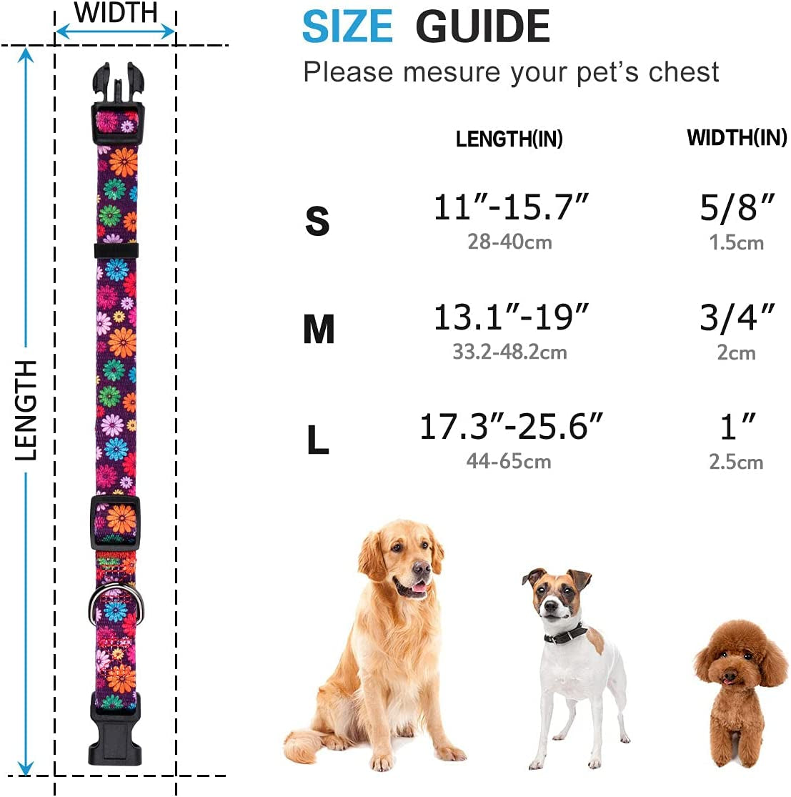 Girl Dog Collars Fall Daisy Pattern, Colorful Flowers Print, Female Collar, Dark Purple, Large